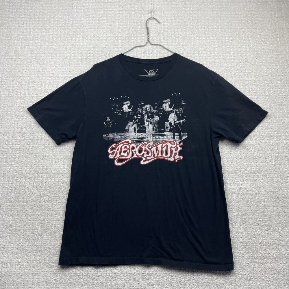 Aerosmith Retro T-Shirt Men Sz L Black Band Rock Music Merch Distressed Graphic